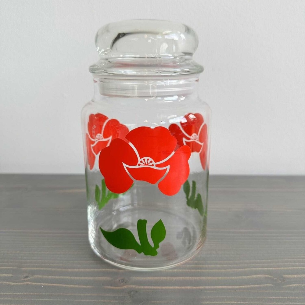 Vintage glass Anchor Hocking foxy red flower apothecary jar